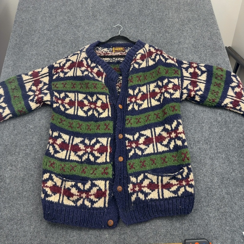 Vintage Ishka Cardigan Mens XL Blue Wool Nordic Fair Isle Hand Knit Boho Style